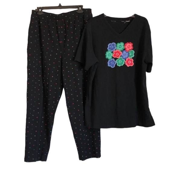 Bechamel Womens Pajama Set Sz L Black Embroidered Flowers Short Sleeve V Neck - Picture 1 of 9